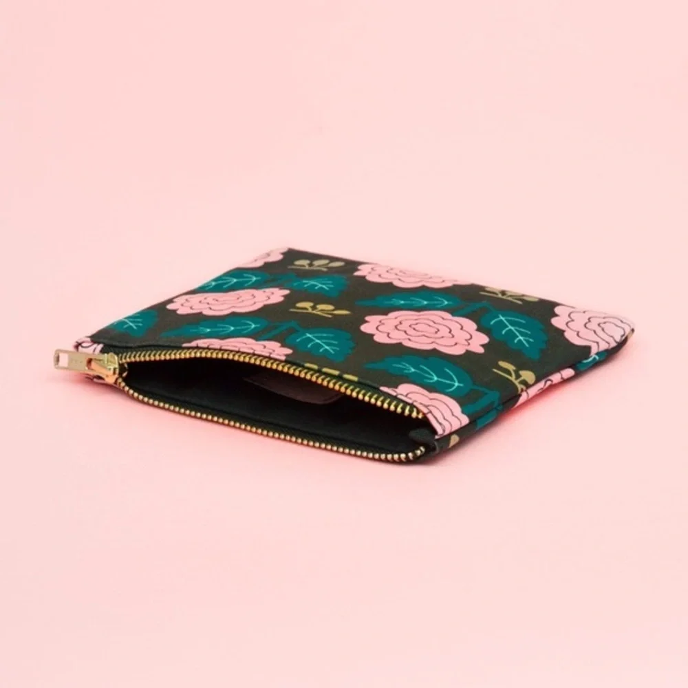 Anthropologie-Black and Pink Floral Cotton Pouch